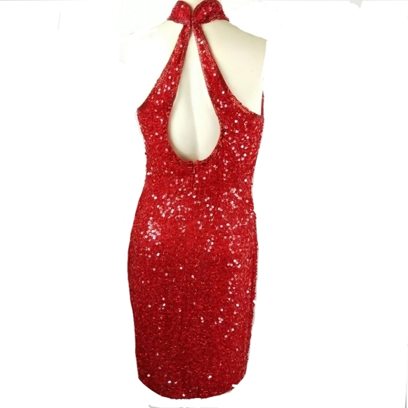 SOLD Vintage Red Oleg Cassini Black Tie Dress - Picture 3 of 8